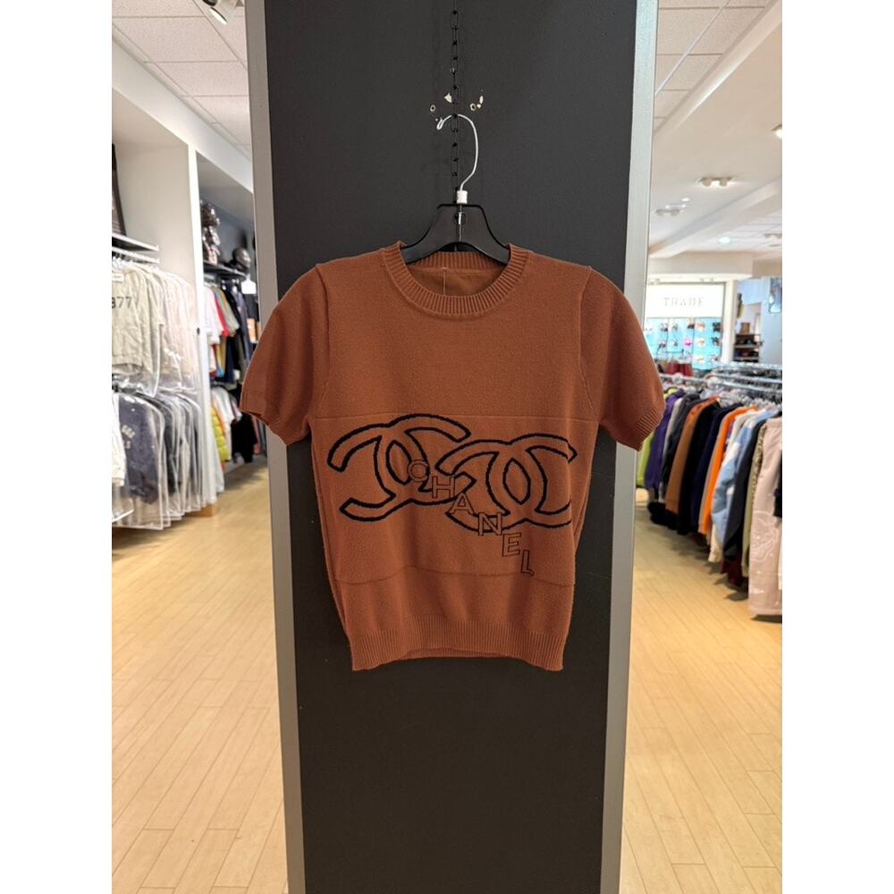 Y2K Chanel Bootleg Camel Brown Vintage Short Sleeve Repeat Logo Crewneck Sweater